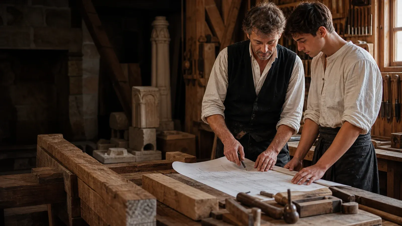 Maître artisan et apprenti dans un atelier de compagnonnage